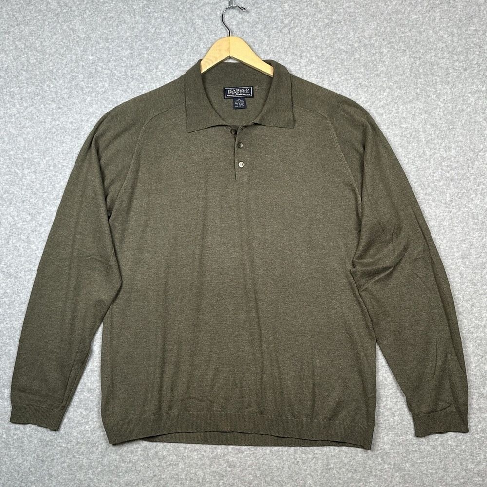 Harold Powell Sweater Mens XL Sage Green Silk Cashmere 3 Button Collar Pullover